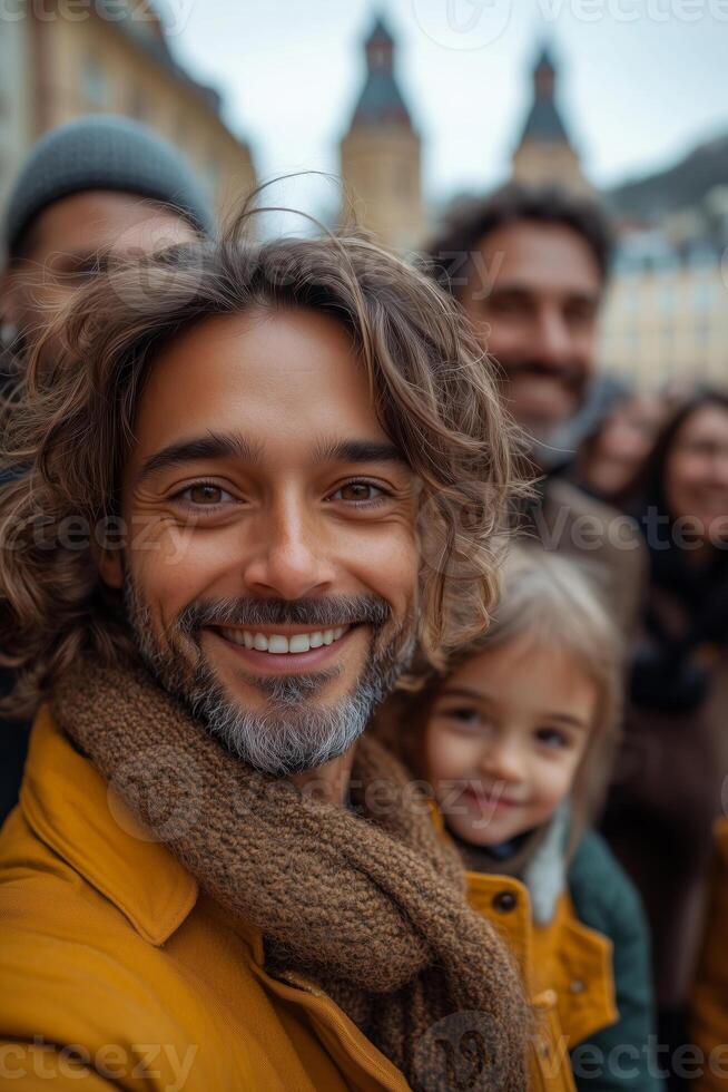a multicultural family group taking a selfie in a city square, featuring grandparents, parents, and kids of diverse ethnicities, historic landmarks in the background, bright daylight photo