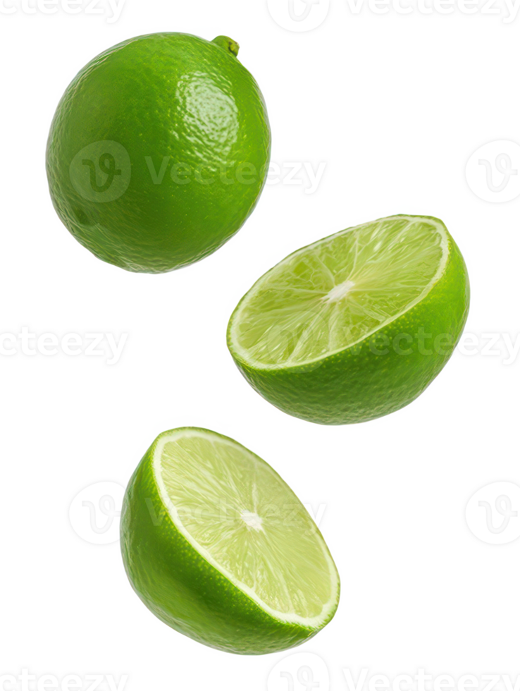 Juicy Fresh Limes Falling Whole and Halved Vibrant Green Citrus Fruit png