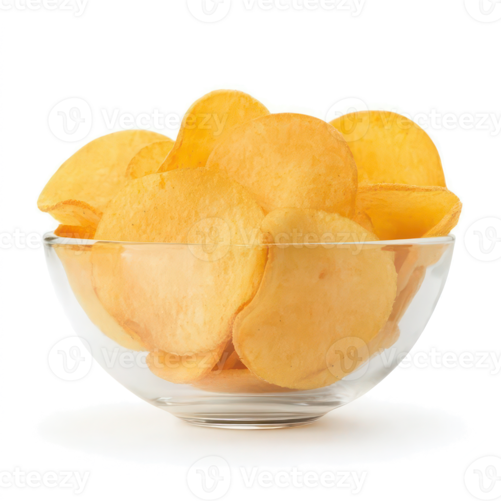 Crispy Potato Chips in Glass Bowl Delicious Snack Food Golden Brown Crunchy Texture Close up Studio png