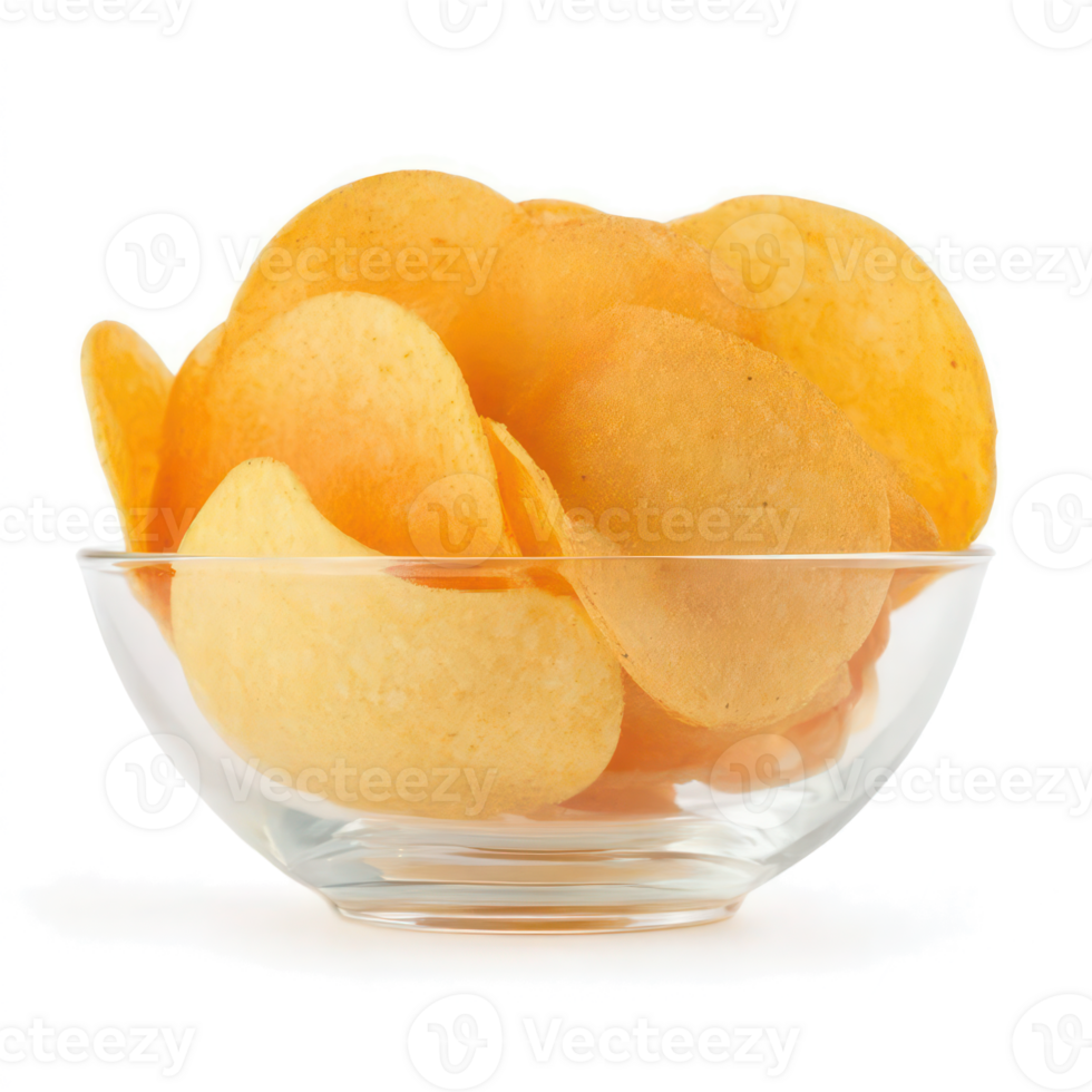 Crispy Potato Chips in Glass Bowl Delicious Snack Food Close Up Photography png