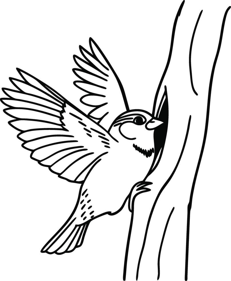 Line Art Sparrow Flying to Tree Hollow Illustration vector