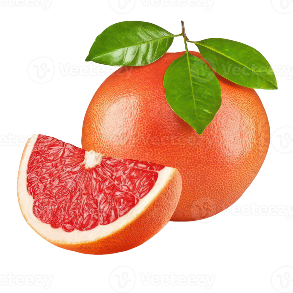 Juicy Pink Grapefruit with Rind and Leaves Fresh Citrus Fruit Slice Healthy Vitamin C Food png