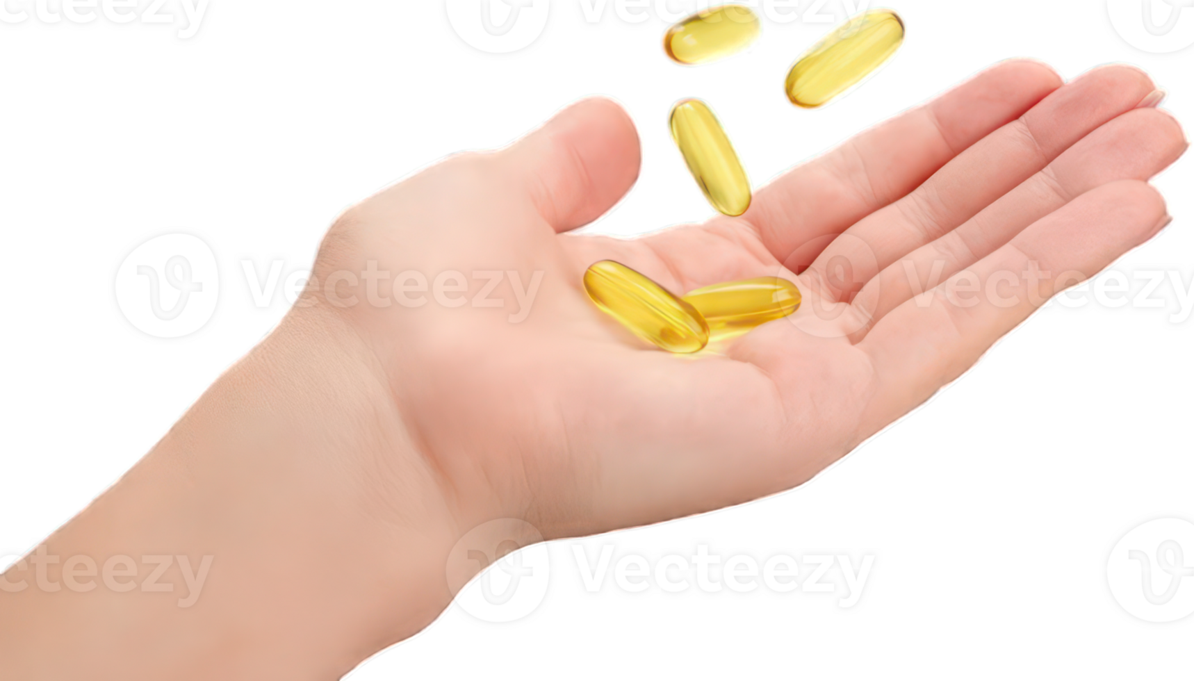 Hand Holding and Catching Falling Omega 3 Fish Oil Capsules png