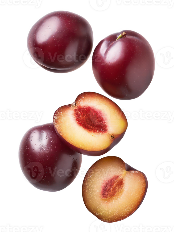 Fresh juicy red plums closeup of whole and halved plums isolated transparent background png