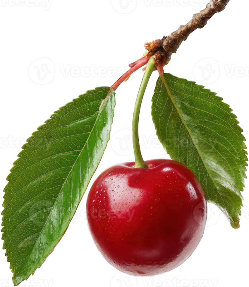 Fresh Ripe Red Cherry on Branch with Green Leaves Juicy Fruit Close up png