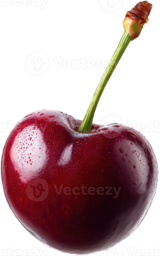 Single Red Cherry with Stem Water Droplets Close up Macro Photography png