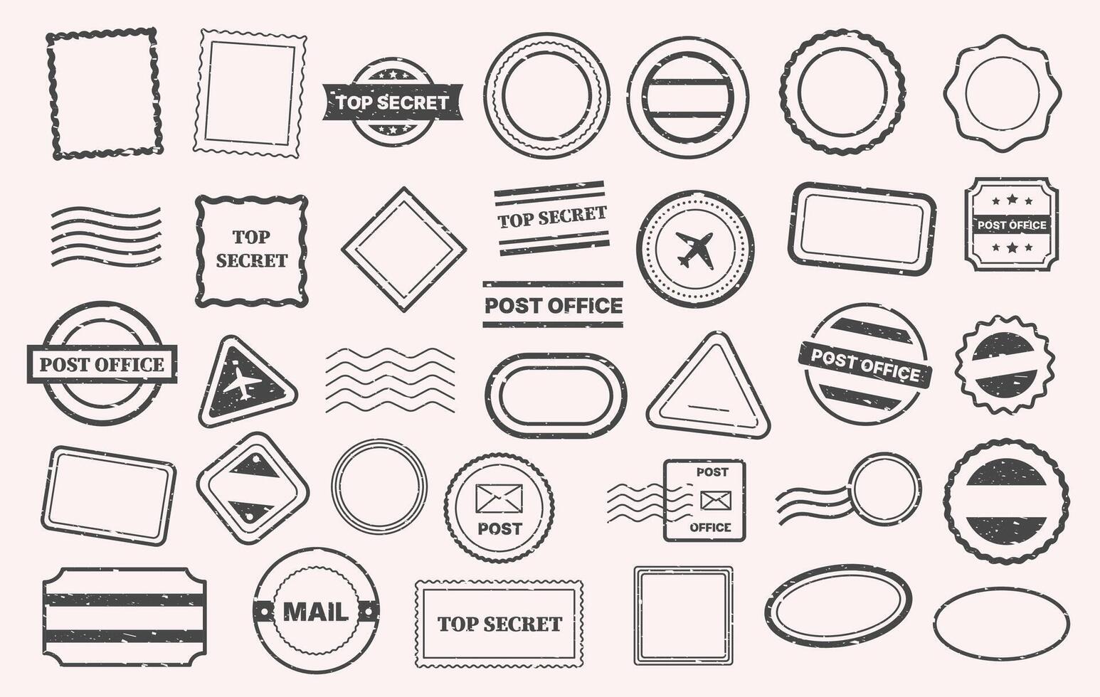 Postal stamp. Vintage travel postmark seal collection with different shapes and sizes, old paper mail delivery marks for postcard or letter. stamps isolated set vector