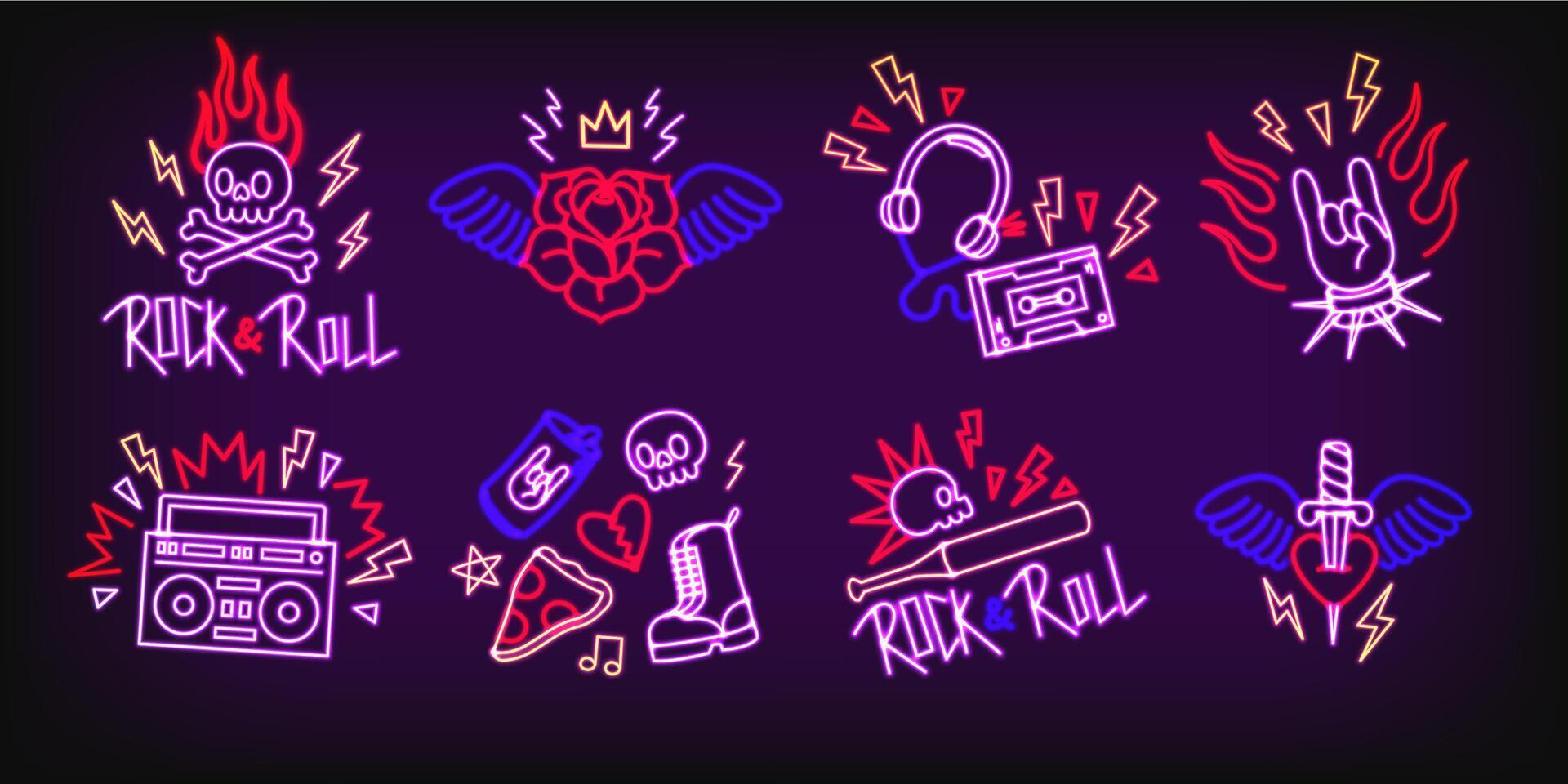 Neon rock. Retro Rock n Roll glowing logo with punk neon signs for music festival poster or rock pub, night club neon signboard design. 80s rock and roll set vector