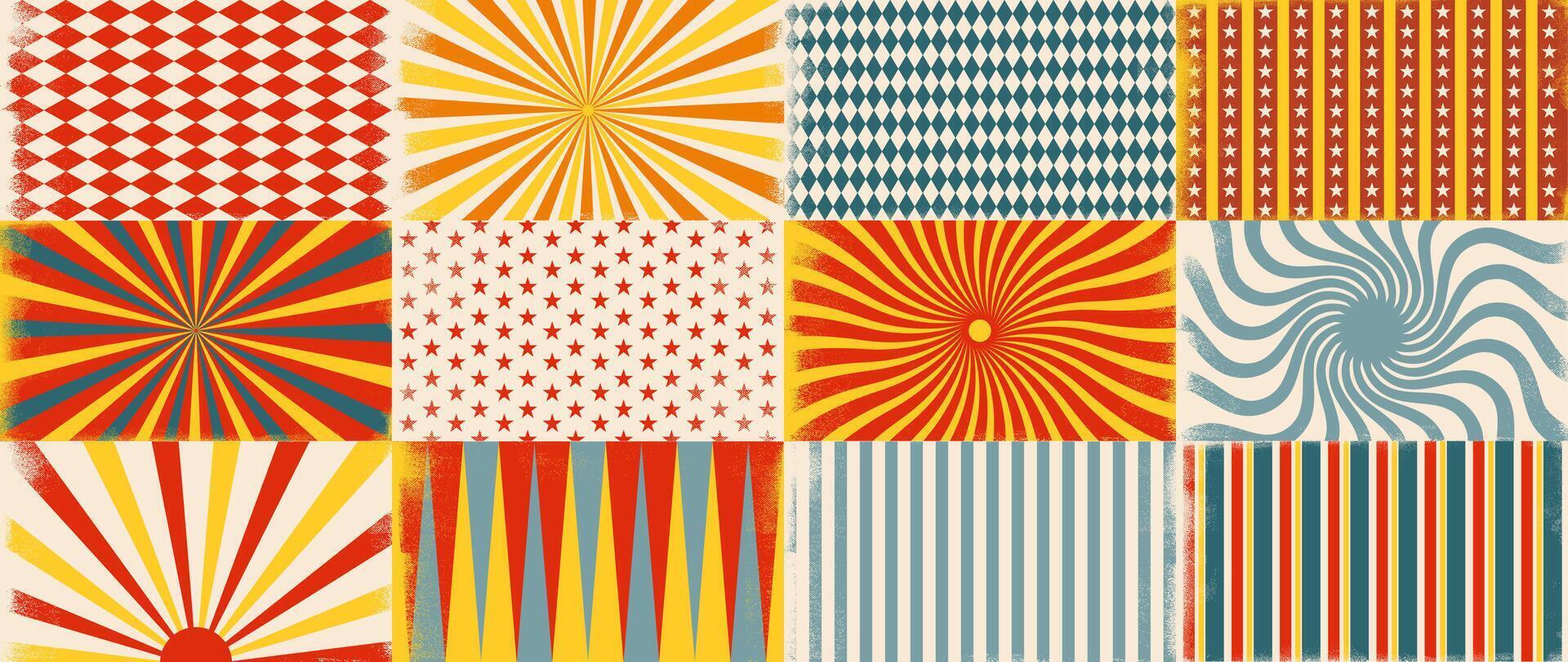 Circus retro background. Vintage fair carnival posters with radial sunshine ray burst and geometric shapes, retro circus spiral backdrop. carnival wallpaper set vector