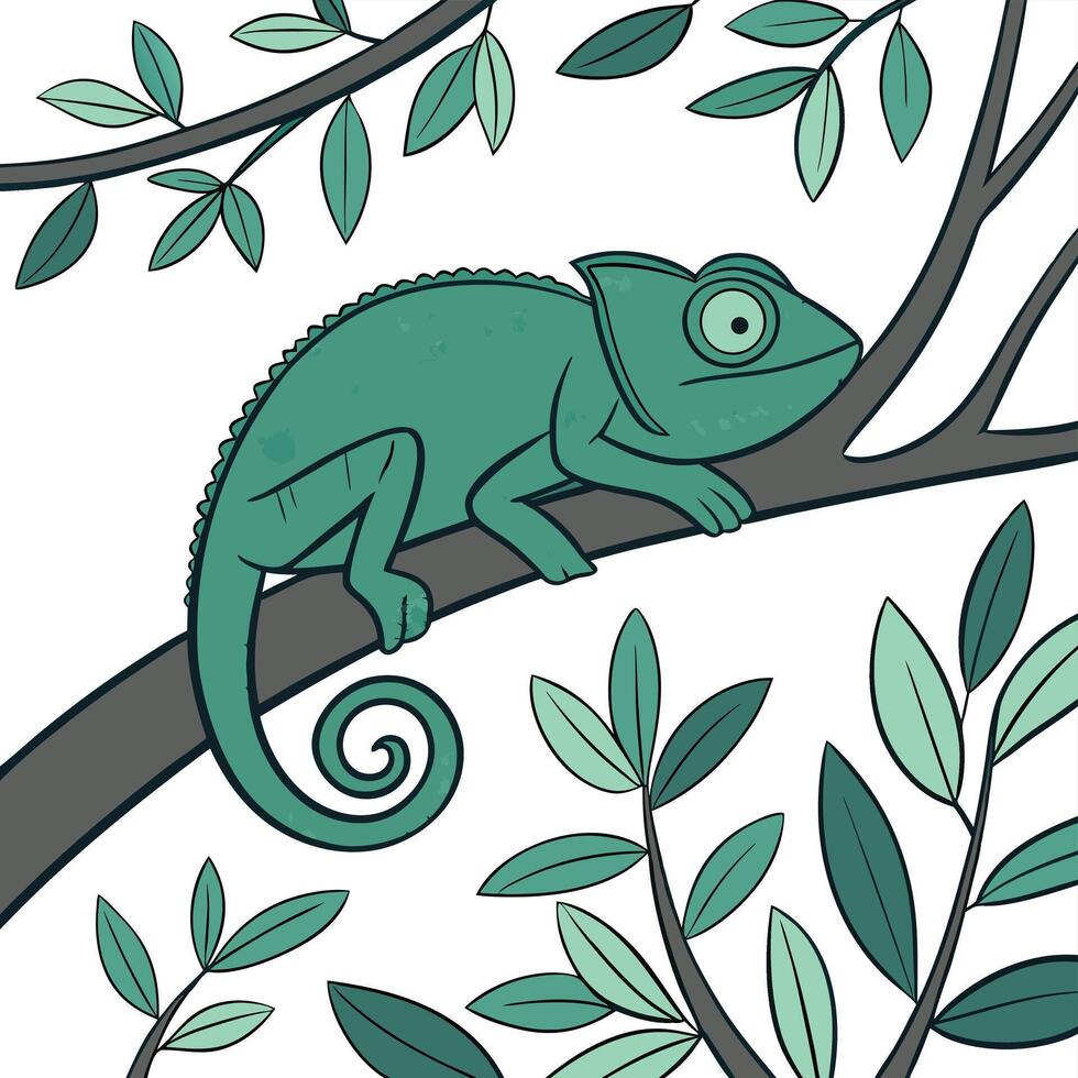 Deep green chameleon resting on a tree branch vector