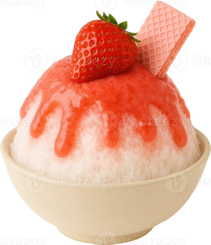Delightful Japanese inspired strawberry shaved ice dessert featuring a creamy fluffy base topped with fresh juicy strawberries and a hint of sweetness png