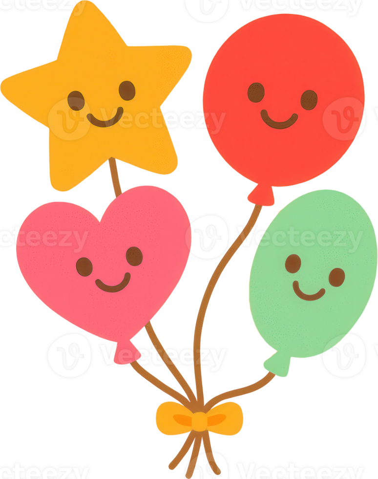 A vibrant arrangement of colorful and whimsical kawaii inspired balloons hearts and star shapes png