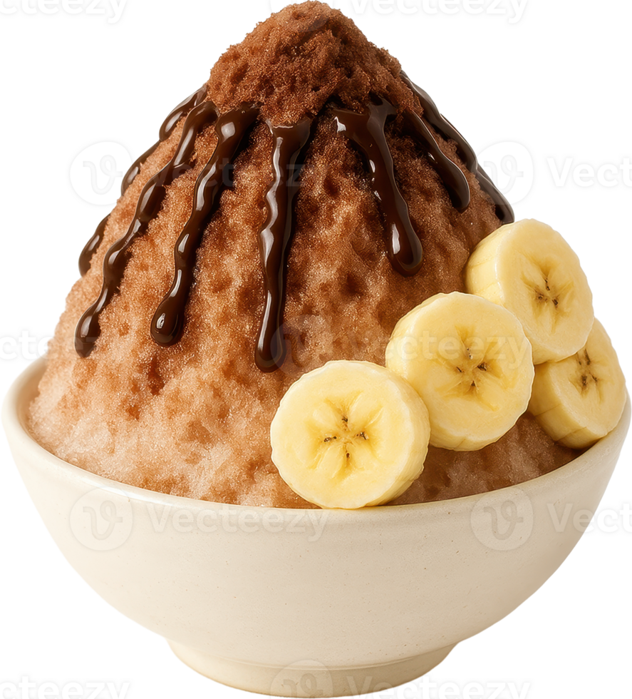 Delectable choco banana kakigori a Japanese inspired shaved ice dessert topped with a creamy chocolate drizzle and fresh banana slices png