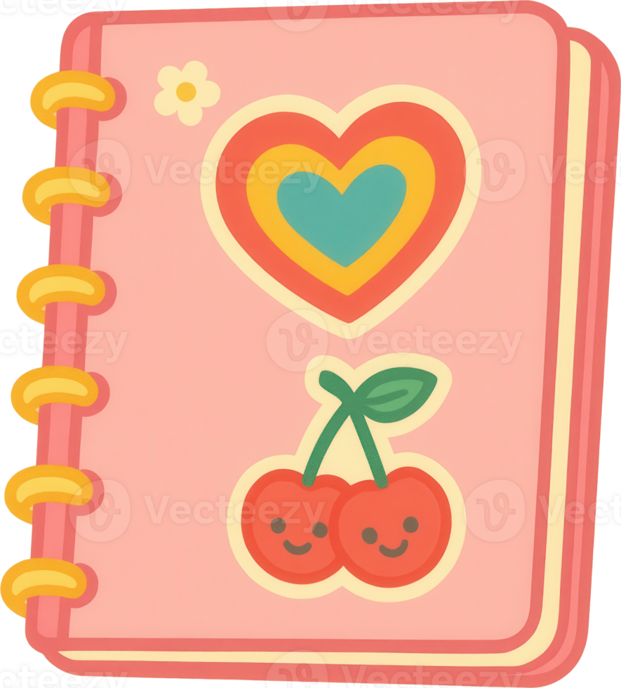 Whimsical Kawaii Inspired Notebook with Heart and Cherry Design png