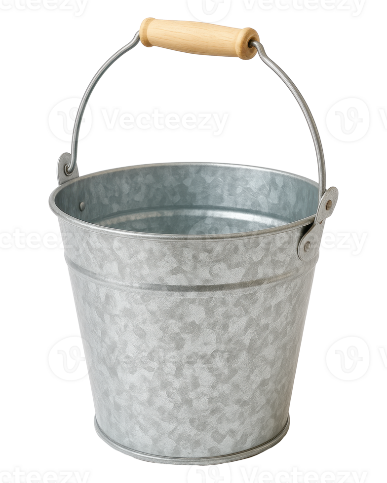 Galvanized metal bucket with wooden handle png