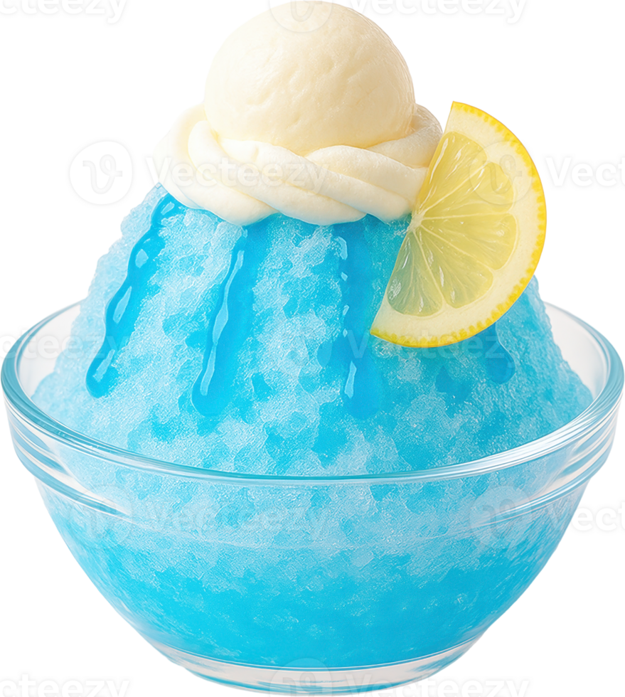 Vibrant blue shaved ice dessert garnished with a lemon slice and a creamy topping evoking the refreshing flavors of Hawaii png