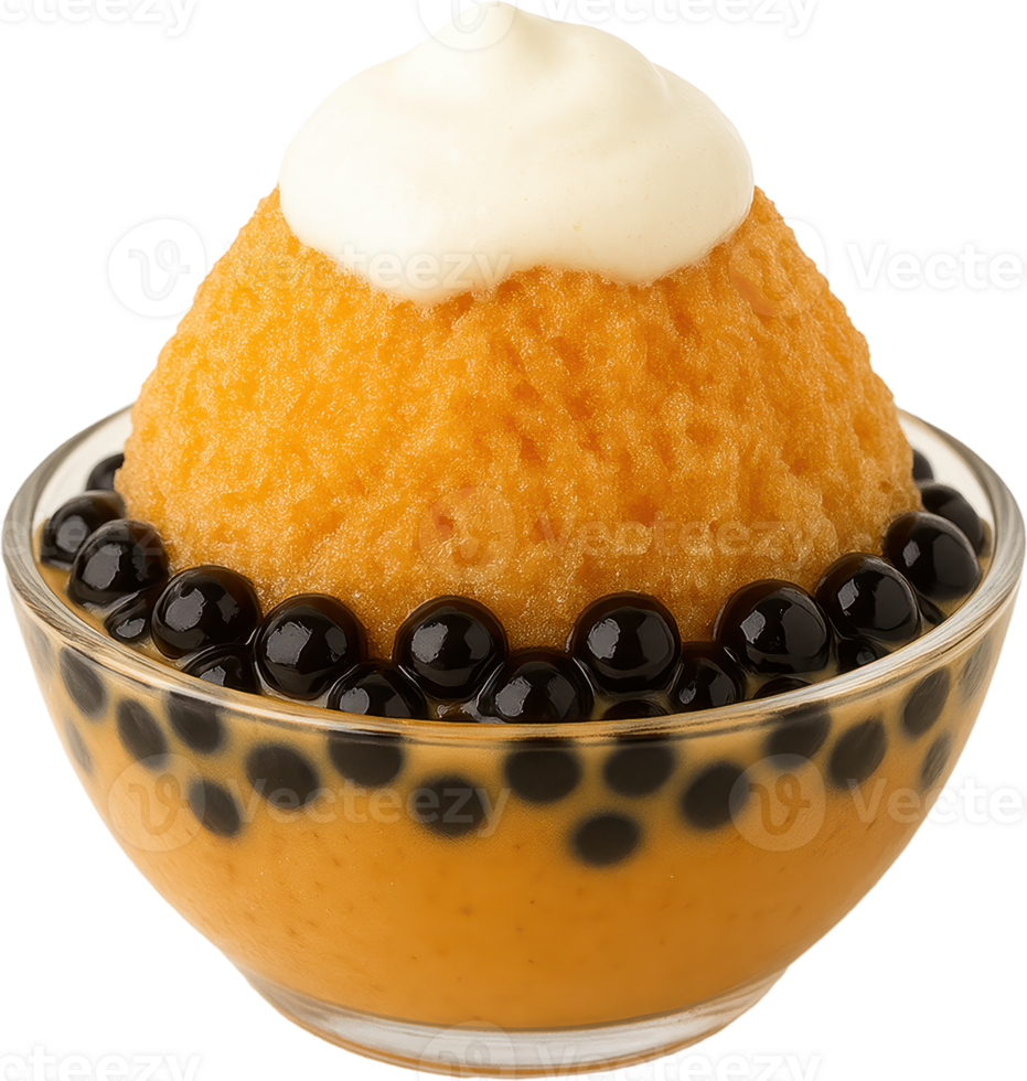Shaved ice dessert with boba pearls and Thai tea flavor png