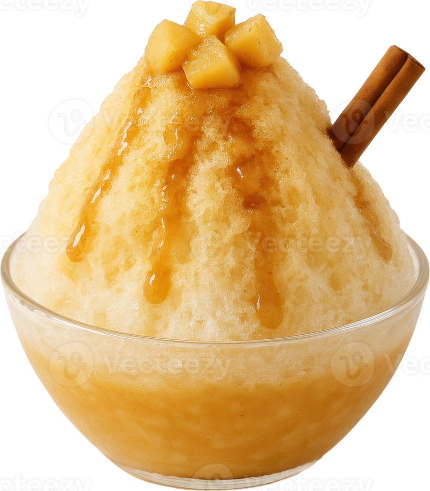A vibrant and chilled Japanese style shaved ice dessert featuring sweet apple and fragrant cinnamon flavors topped with a fluffy creamy texture png