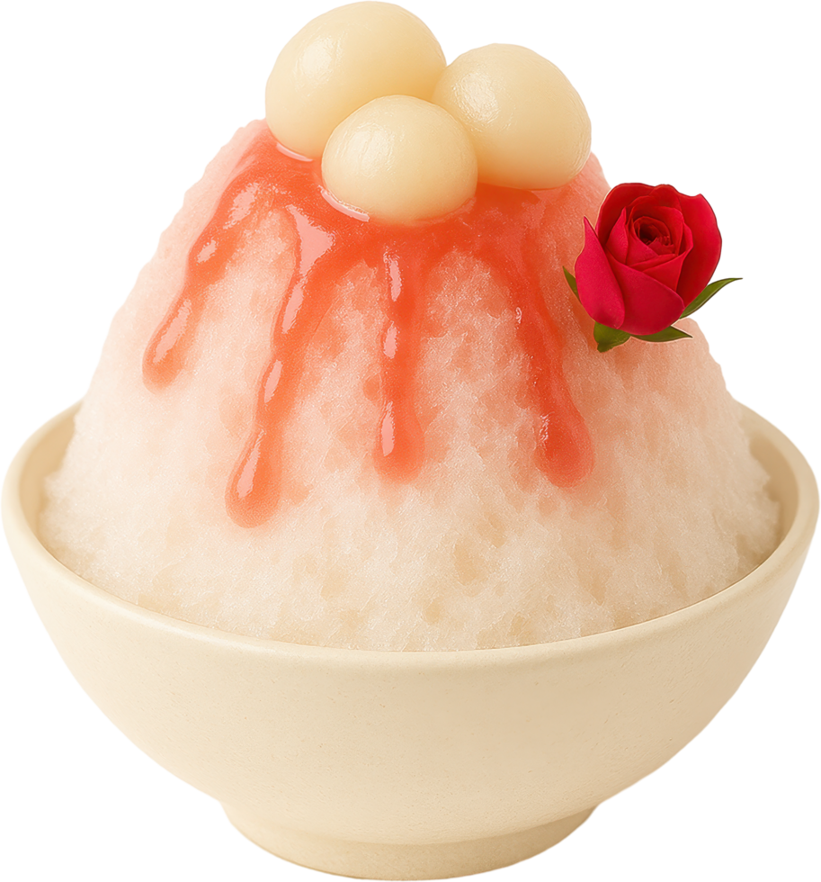 Delicate and refreshing lychee rose kakigori a traditional Japanese shaved ice dessert png