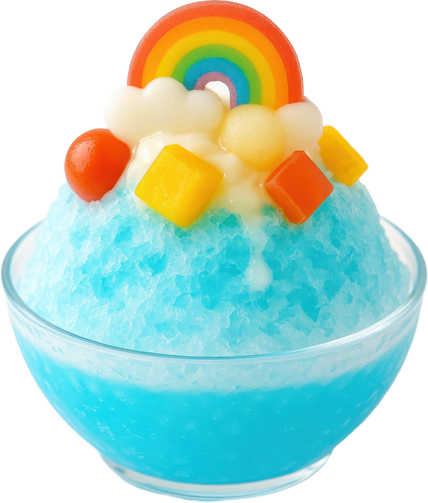 Colorful Shaved Ice Dessert with Gummy Rainbow Accents png