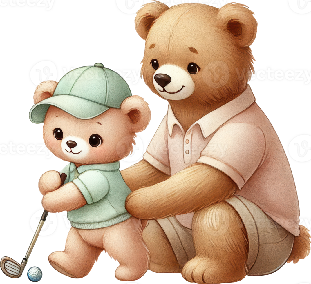 Playful teddy bear dad and son enjoying a game of golf together on a sunny day at the course png