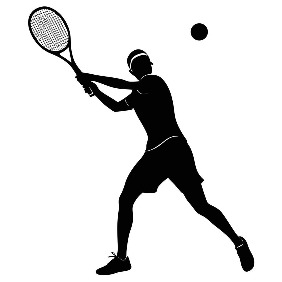 Tennis player silhouette mid-swing with racket vector