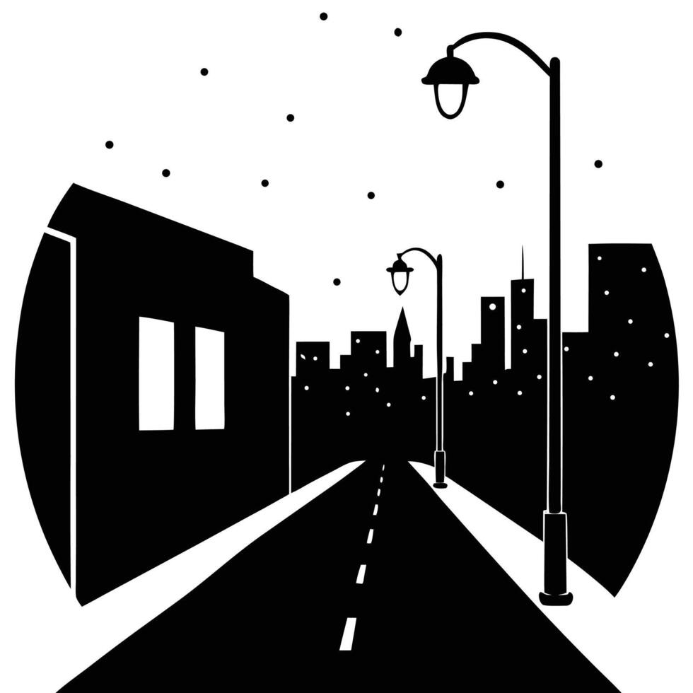 a quiet city street at dawn with streetlights still glowing vector