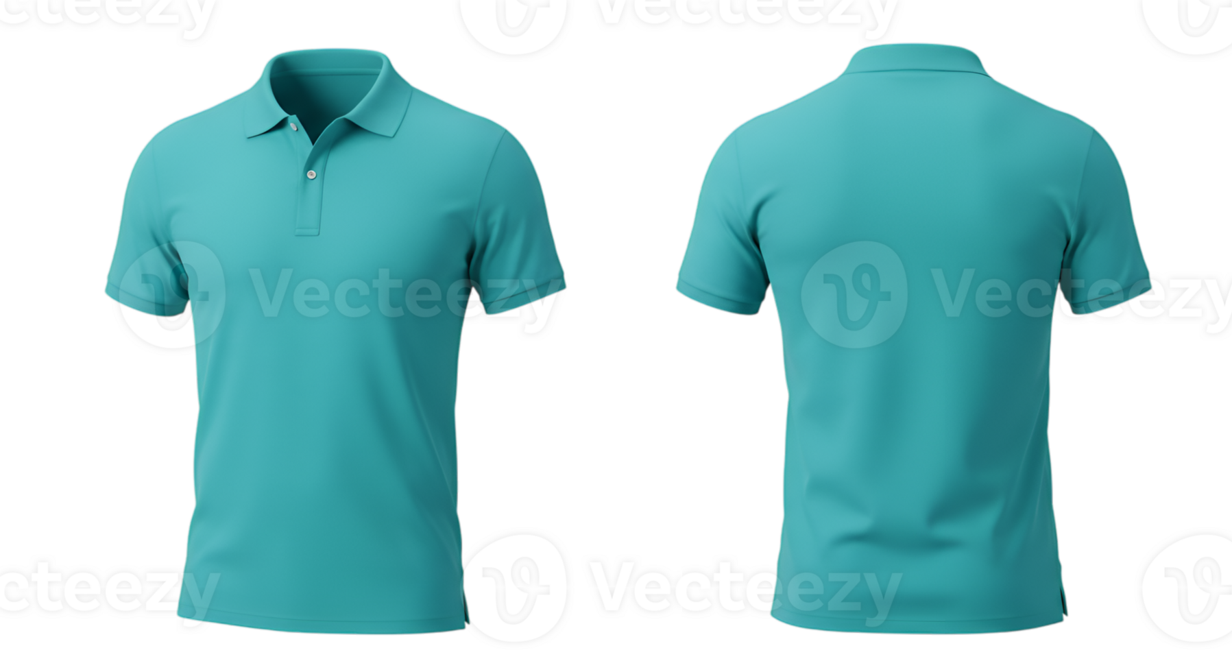 Realistic turquoise polo shirt template mockup with front and back views isolated on a transparent background png