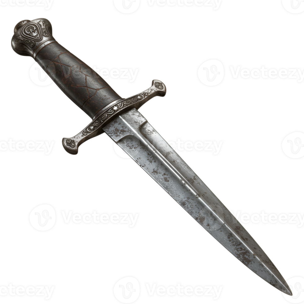 Antique ornate dagger with aged handle and crossguard on transparent background png