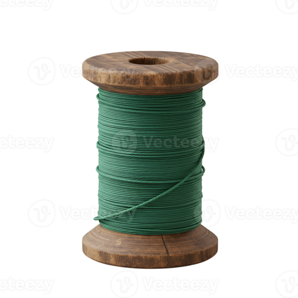 Spool of Green Cord on Wooden Bobbin for Crafts, Transparent Background png