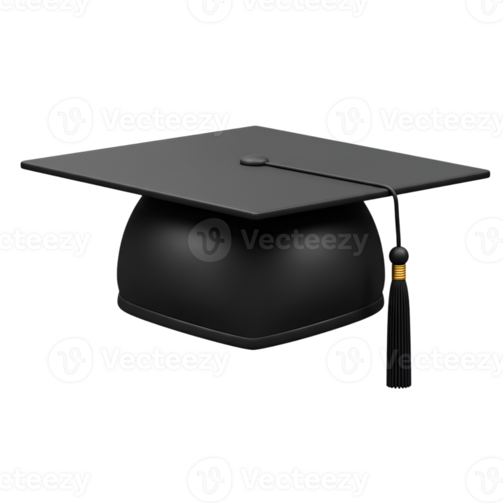 Black graduation cap isolated on a transparent background in a 3D rendering, symbolic for graduation, achievement and academic success png