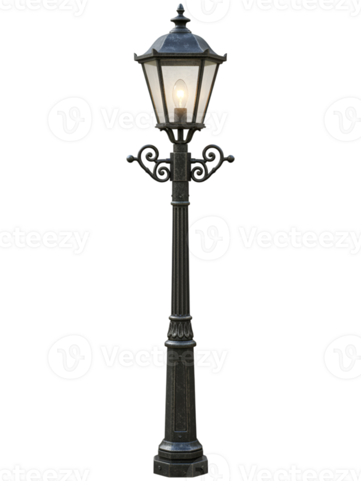 Classic Metal Streetlight with Glowing Bulb on Transparent Background png