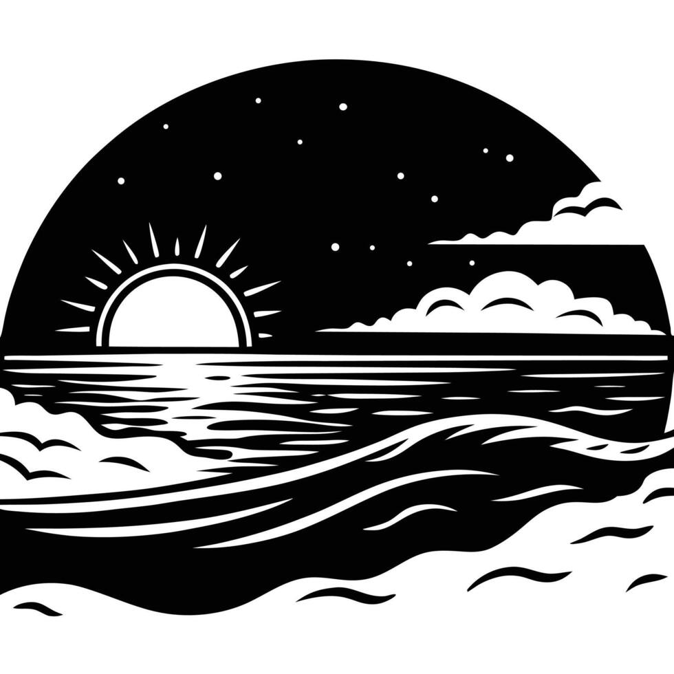 a peaceful beach at sunrise with the waves gently crashing vector