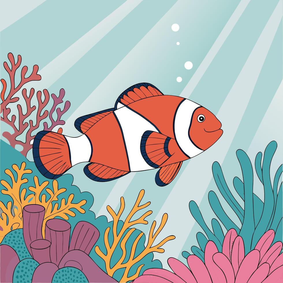 Red and white clownfish swimming in coral reef vector