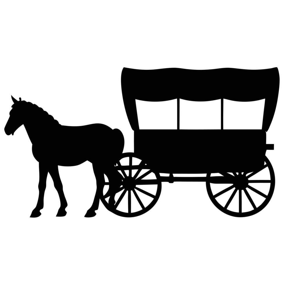 the silhouette of a horse drawn wagon with a wooden cart vector