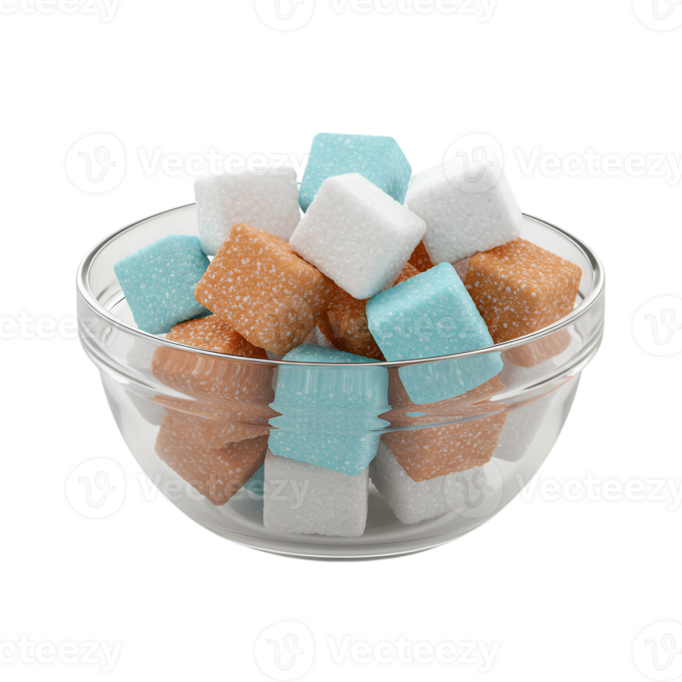 Colorful Sugar Cubes in Glass Bowl on Transparent Background for Confectionery Designs png