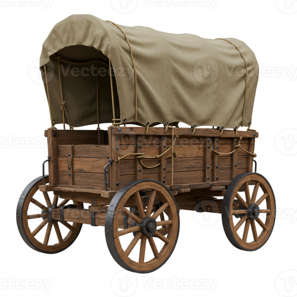 Detailed Wooden Covered Wagon with Canvas Top on Transparent Background png