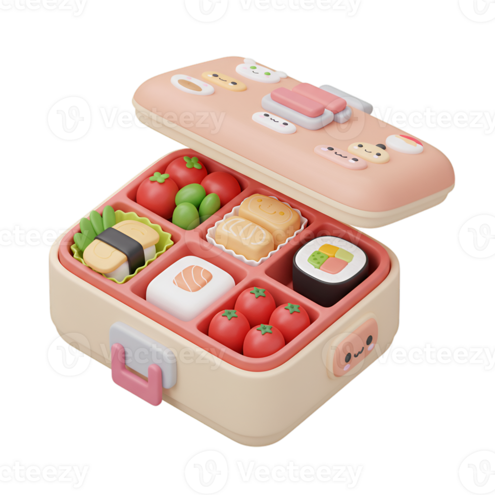 Cute 3D Bento Box Illustration with Assorted Sushi and Vegetable, Transparent Background png