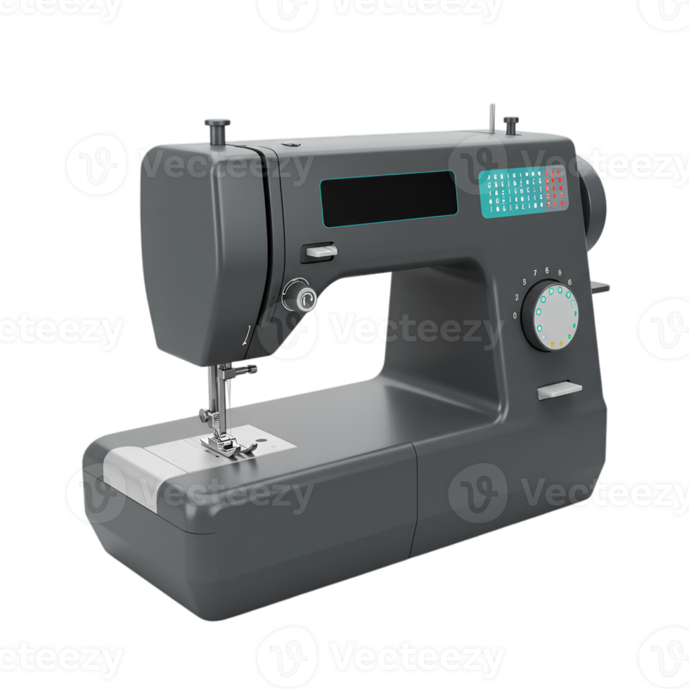 Detailed 3D Rendering of a Dark Grey Sewing Machine on Transparent Background png