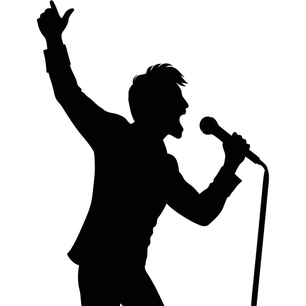 Singer silhouette with microphone mid-performance vector
