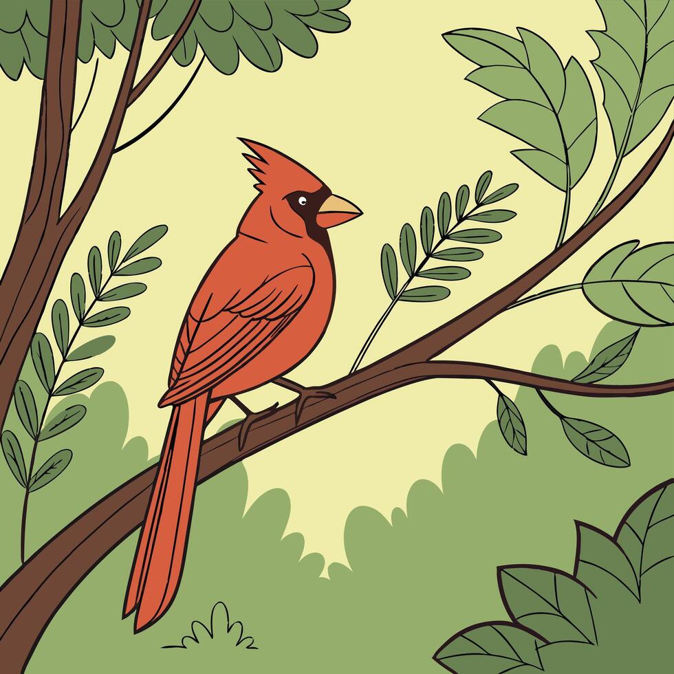 Bright red cardinal perched on a branch image vector