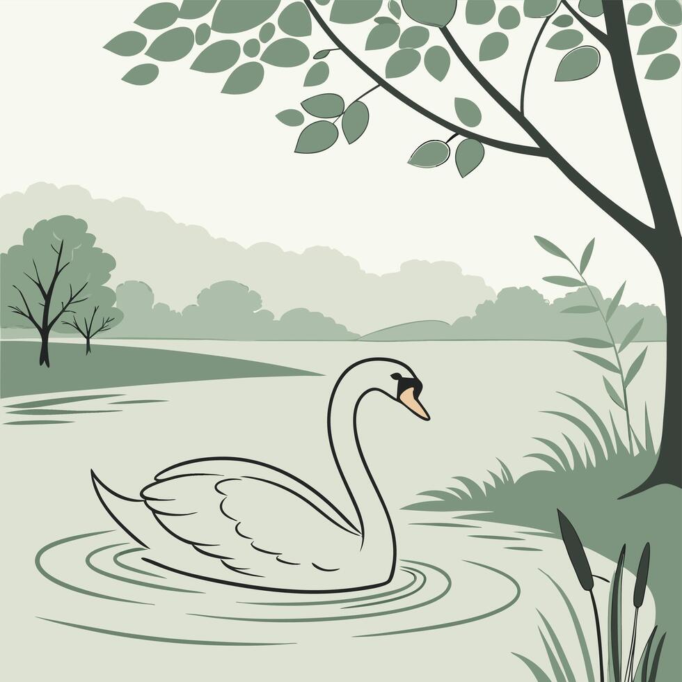 Pure white swan gliding across calm lake water vector