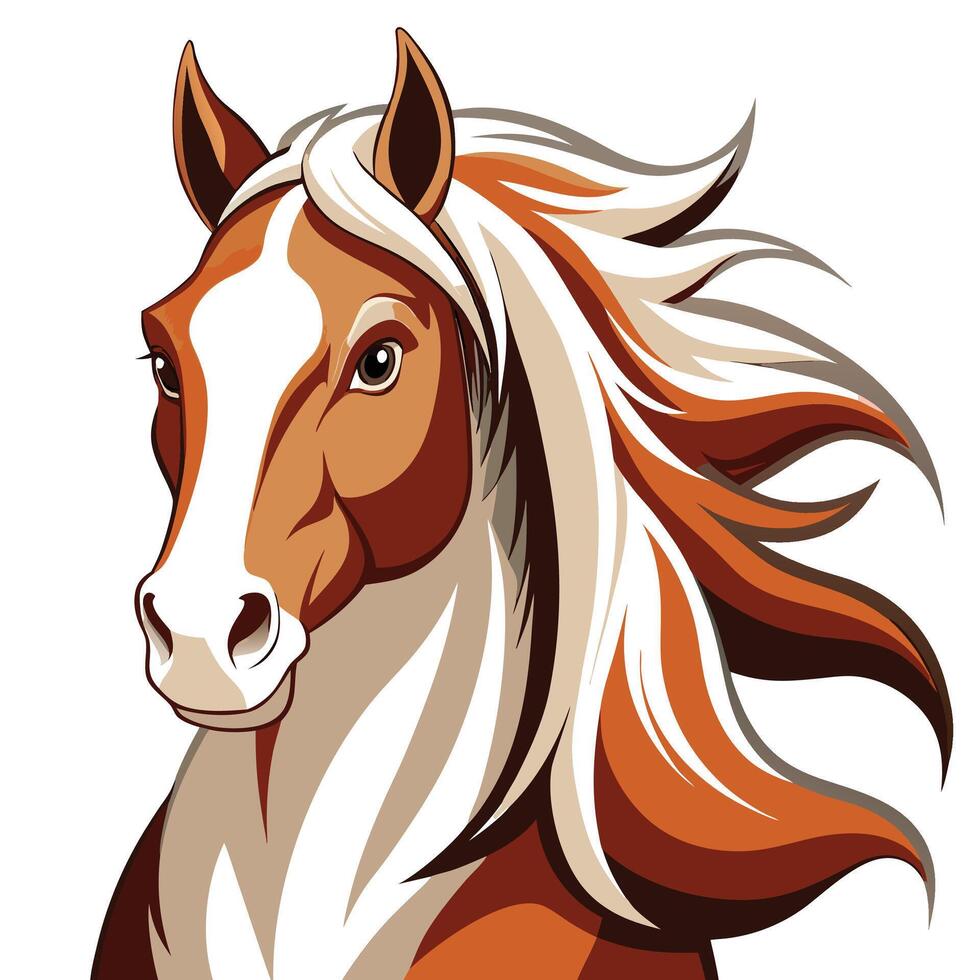 close up of a brown and white horse with flowing mane vector