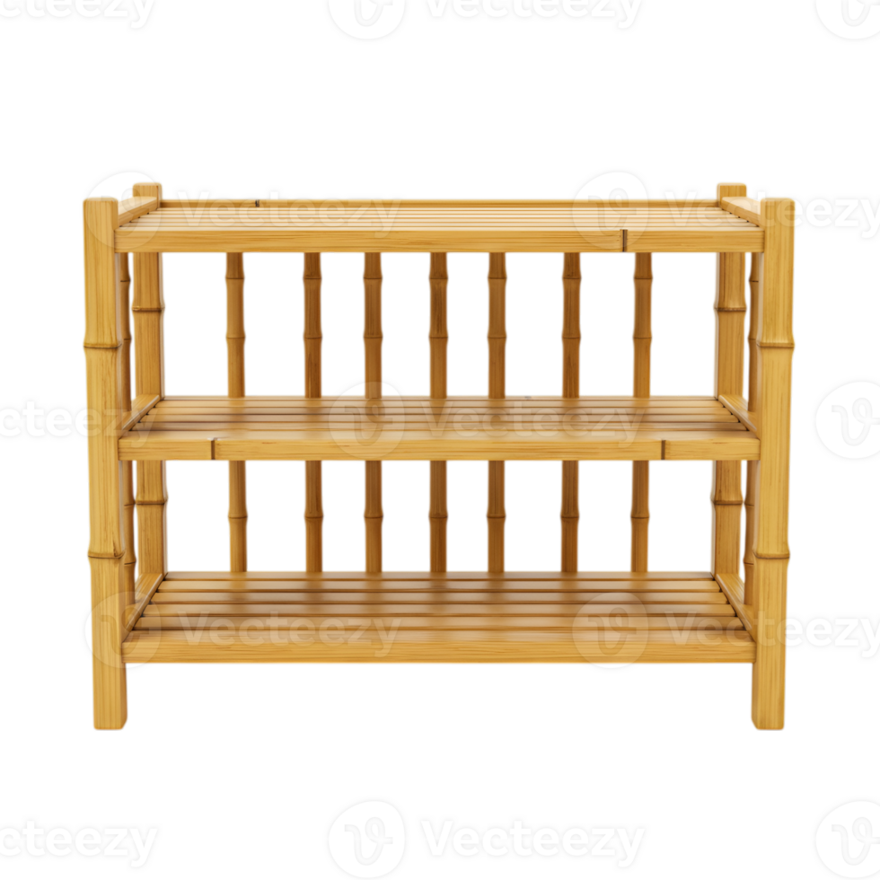 Elegant three-tier bamboo shelf for storage or display with a transparent background png