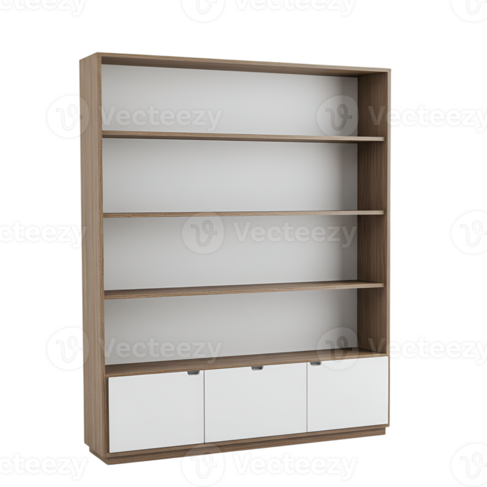 Elegant wooden bookcase with open shelves and storage cabinets on transparent background png