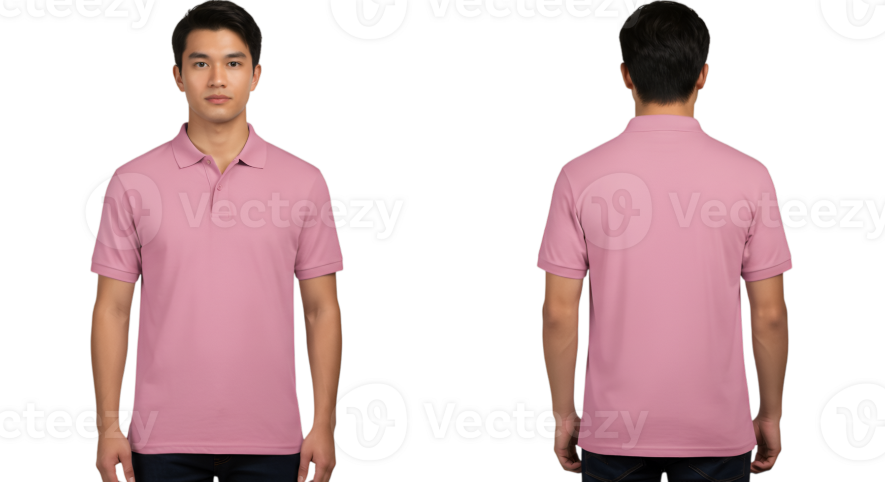 Front and back view of a man wearing a pink polo shirt with transparent background png