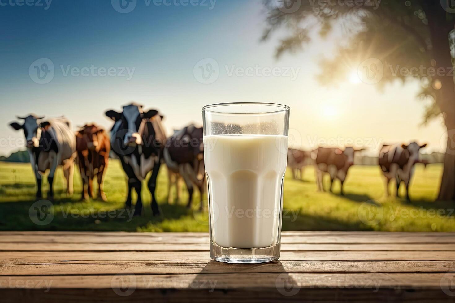 A glass of milk on a table in front of cows photo
