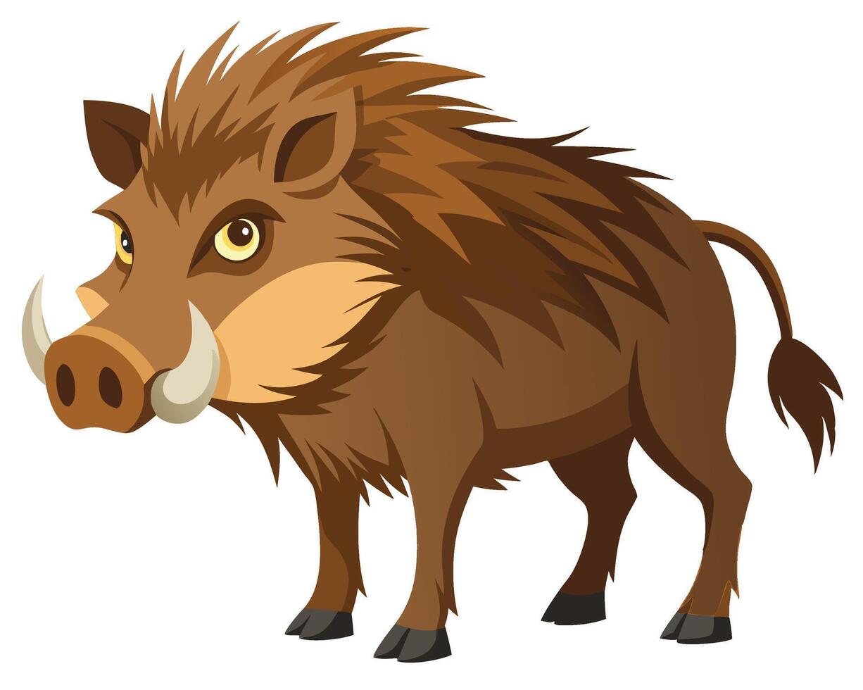 wild boar with shaggy fur and tusks standing on alert vector
