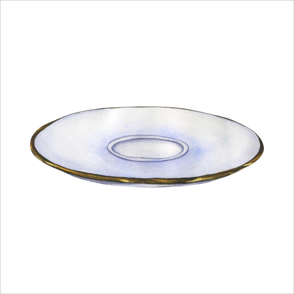 Ceramic porcelain saucer. Watercolor illustration of plate isolated. Ornate gilded tea saucer for english afternoon tea ceremony party or breakfast. Ceramic plate on Transparent format vector