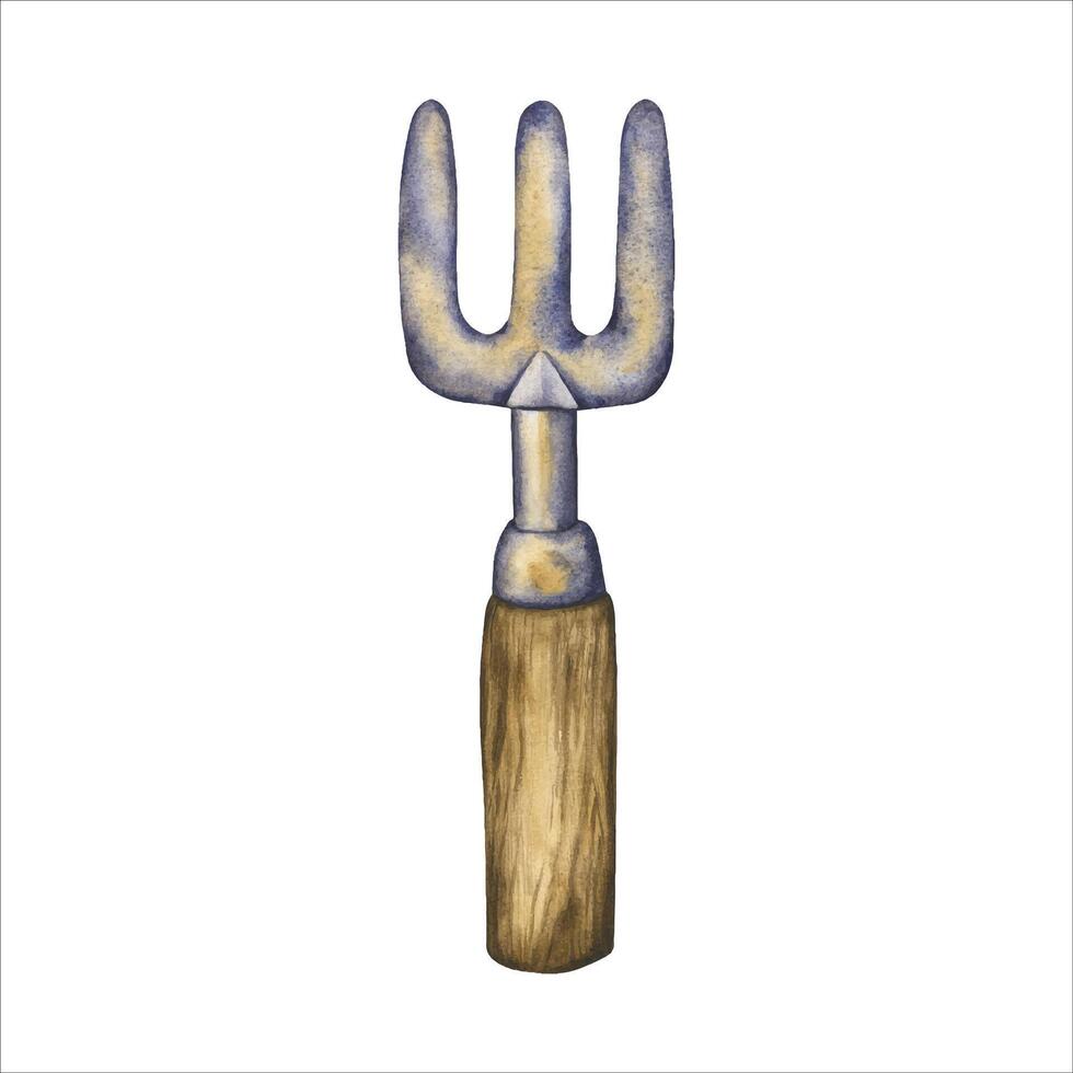 Pitchfork. Watercolor hand drawn gardening tool rake. Illustration of gardening tools isolated on white background. Hand drawn tools for harvesting crops, gardens, and house plants vector